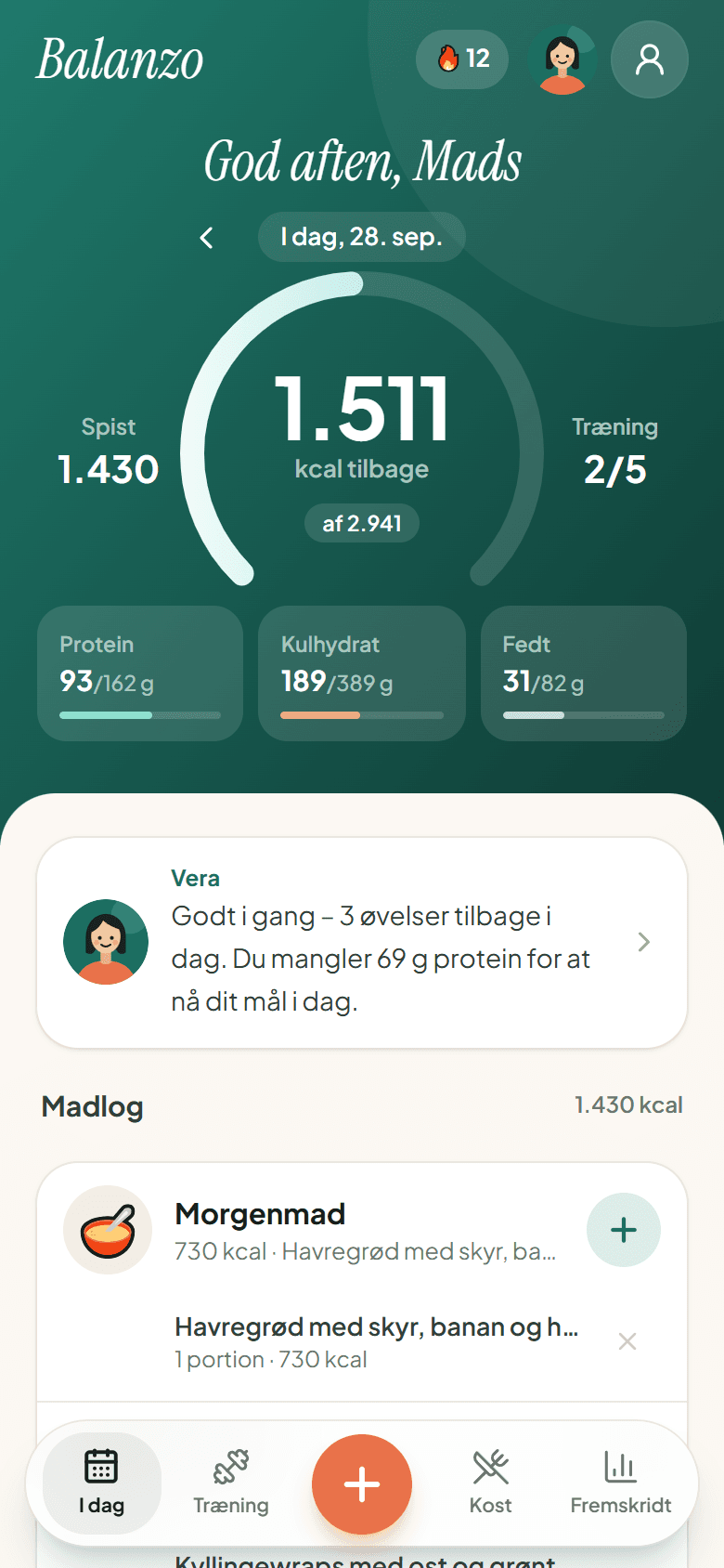 Dagbogen i Balanzo med kalorier tilbage, makroer og dagens måltider