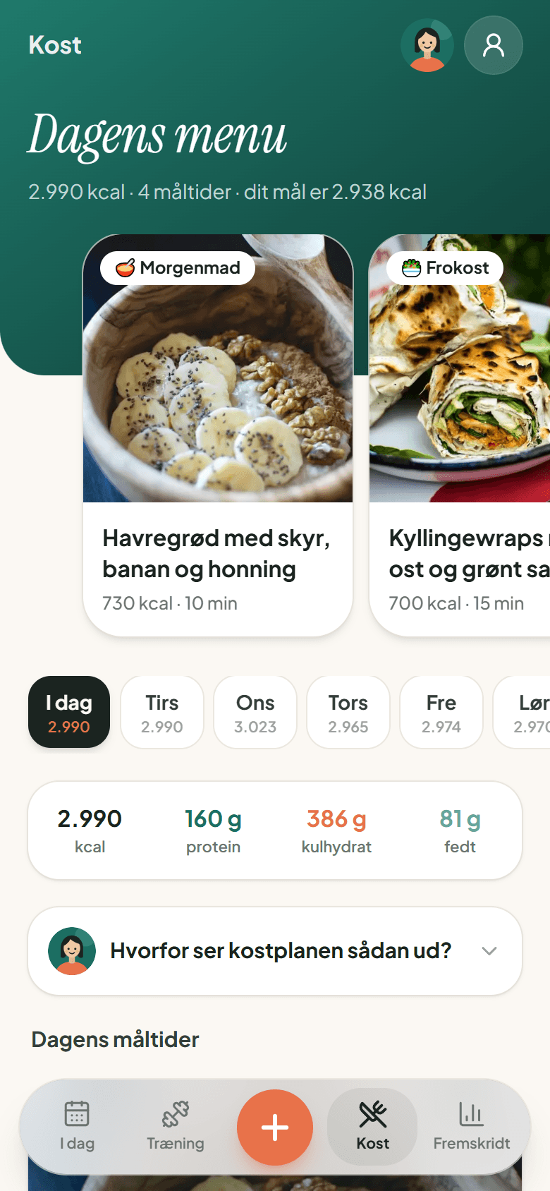 Dagens menu fra kostplanen med retter, kalorier og makroer